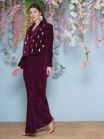 Wine Velvet Hand Embellished Indo-western style jacket with dhoti skirt and inner