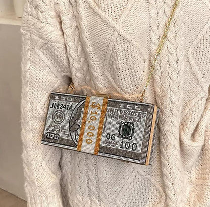 Partywear Grey 10K Dollar Clutch With Rhinestones & Sling Chain