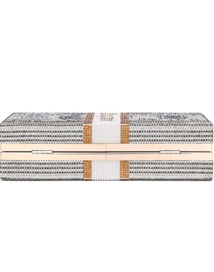 Partywear Grey 10K Dollar Clutch With Rhinestones & Sling Chain