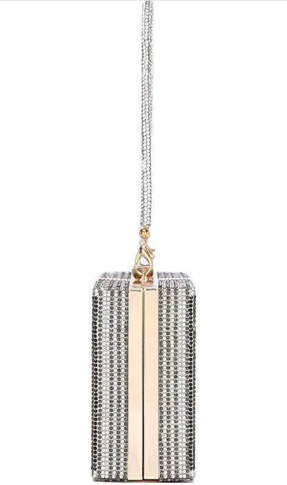 Partywear Grey 10K Dollar Clutch With Rhinestones & Sling Chain