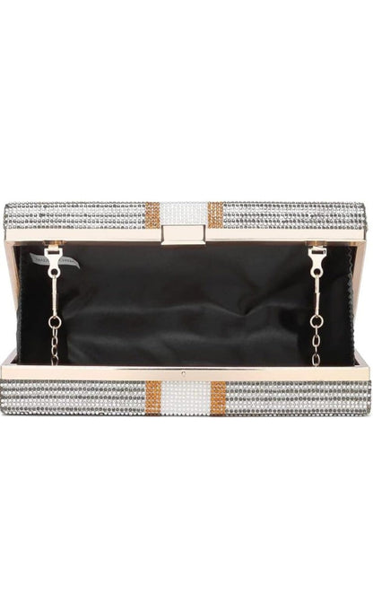 Partywear Grey 10K Dollar Clutch With Rhinestones & Sling Chain