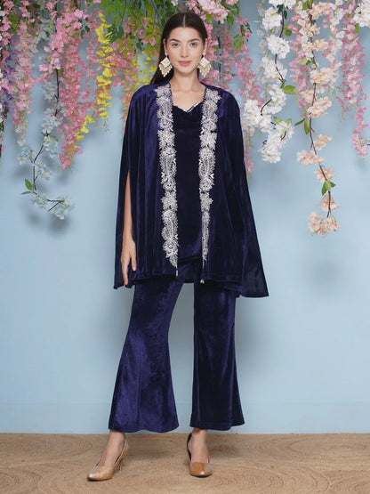 Navy Blue Velvet Embroidered Cape with inner and Bellbottom