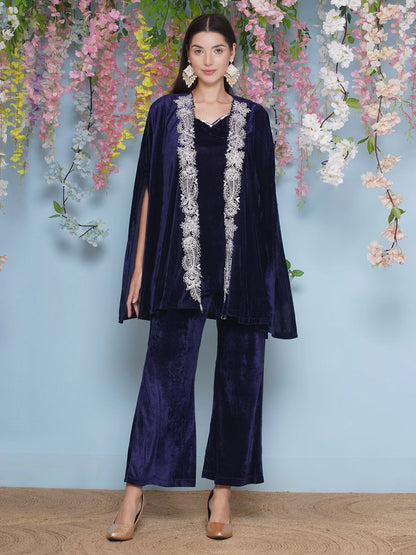 Navy Blue Velvet Embroidered Cape with inner and Bellbottom