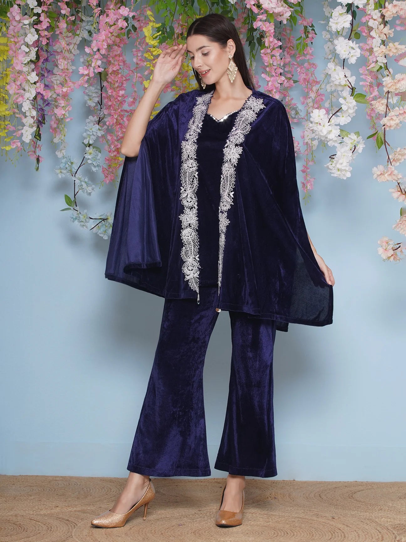 Navy Blue Velvet Embroidered Cape with inner and Bellbottom