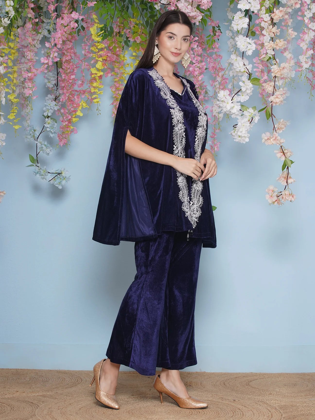 Navy Blue Velvet Embroidered Cape with inner and Bellbottom