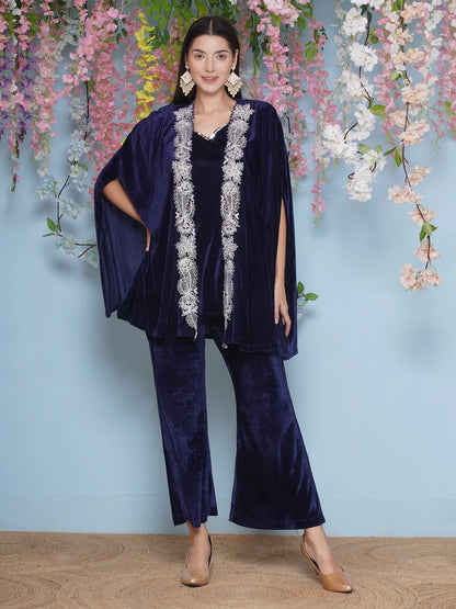 Navy Blue Velvet Embroidered Cape with inner and Bellbottom