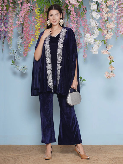 Navy Blue Velvet Embroidered Cape with inner and Bellbottom