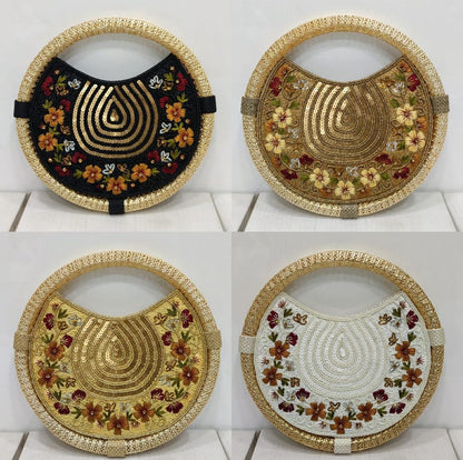 Women's Dull Gold embroidered whirl round partywear clutch bag