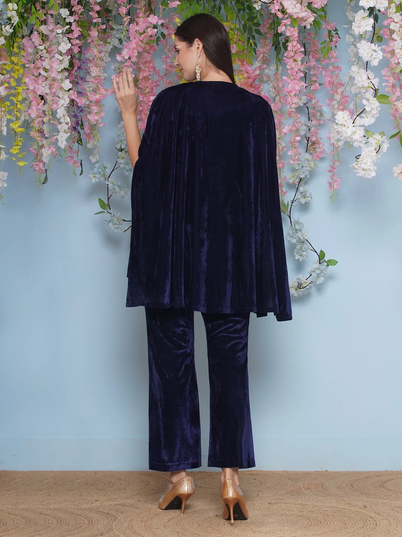 Navy Blue Velvet Embroidered Cape with inner and Bellbottom