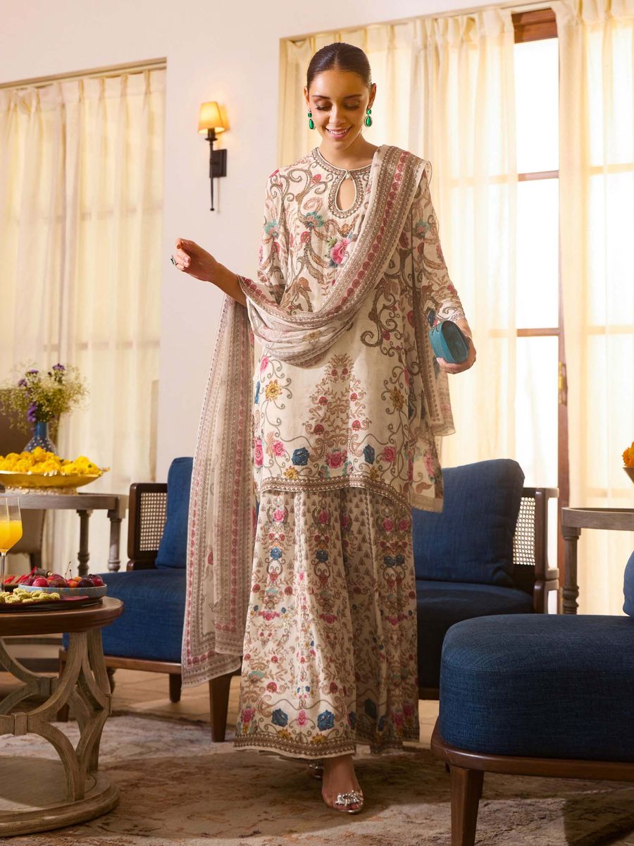 Partywear Designer Champagne Gold Printed Crepe Silk Sharara Set