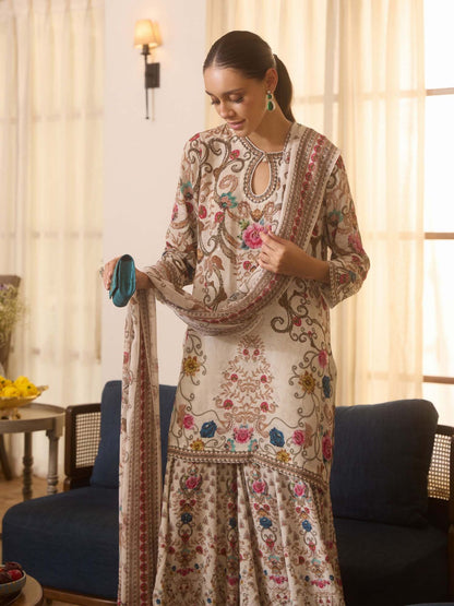 Partywear Designer Champagne Gold Printed Crepe Silk Sharara Set