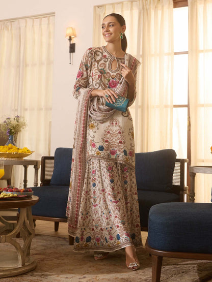 Partywear Designer Champagne Gold Printed Crepe Silk Sharara Set