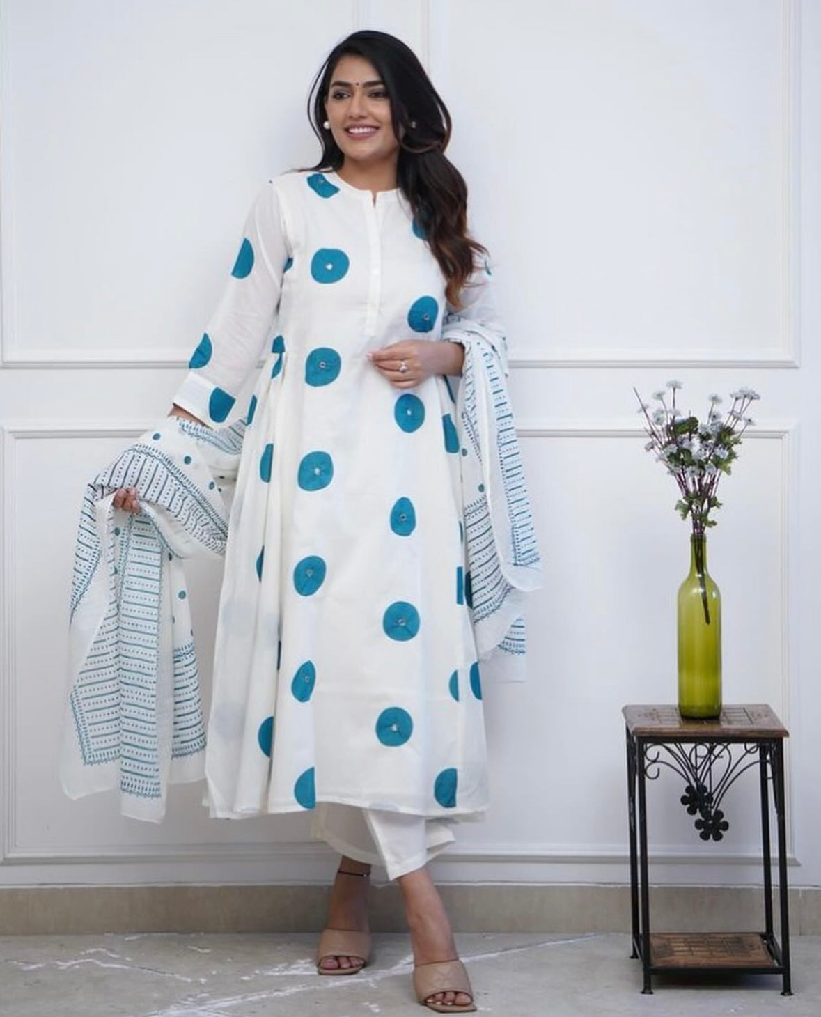 Pure Soft Mul Cotton Polka Dot A-Line Kurta And Pant Set