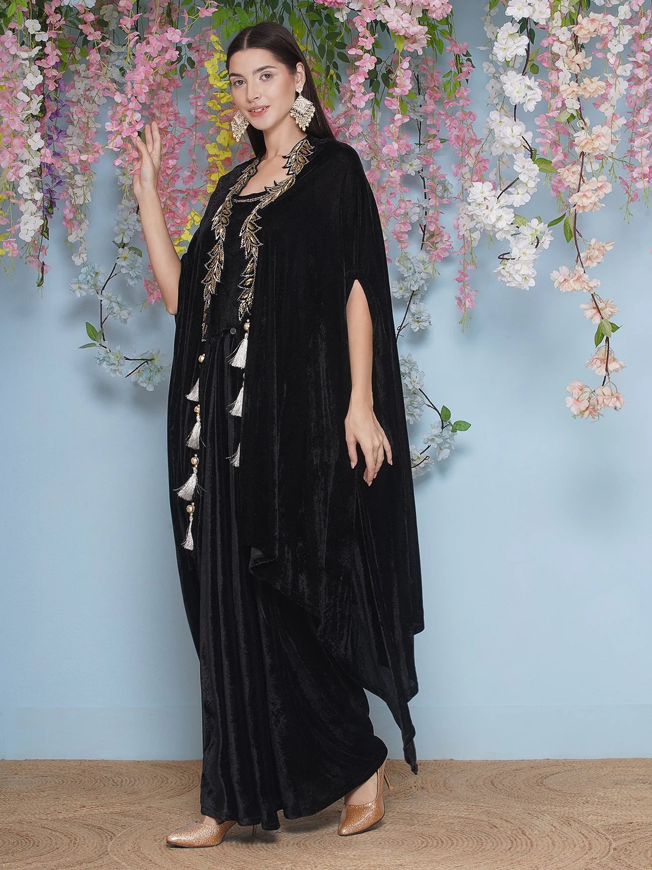 Partywear Indowestern Black Velvet Hand Embellished Shrug with inner and dhoti Skirt