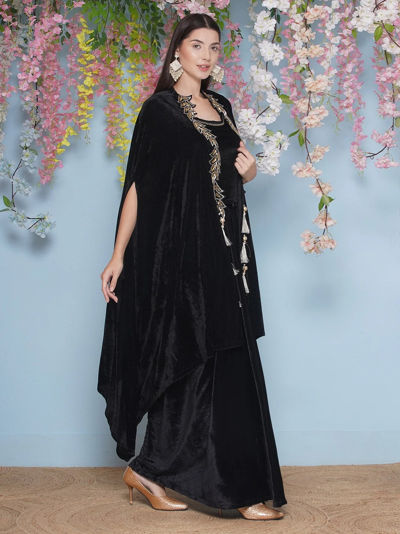 Partywear Indowestern Black Velvet Hand Embellished Shrug with inner and dhoti Skirt