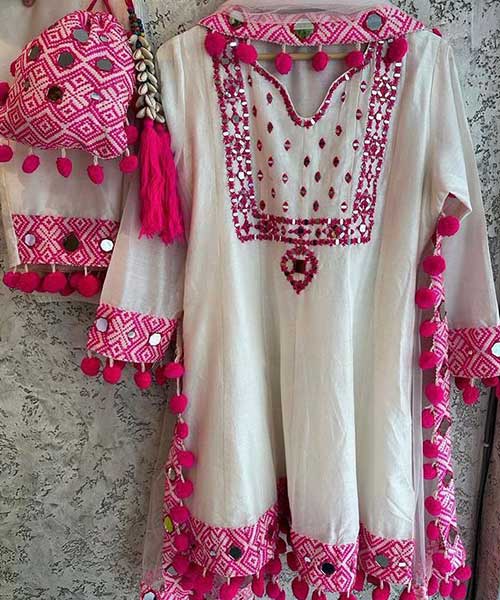 Pure Crepe Peplum Kurta With Embroidery, Mirrorwork And Pom Pom Lace