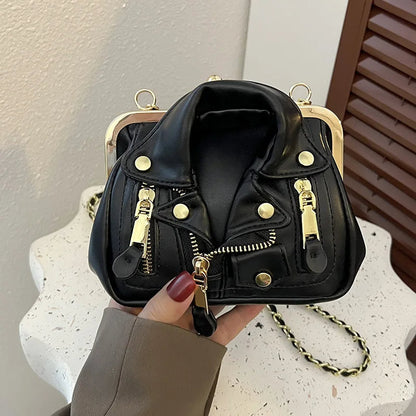 Punk jacket handbag, clip clutch with sling