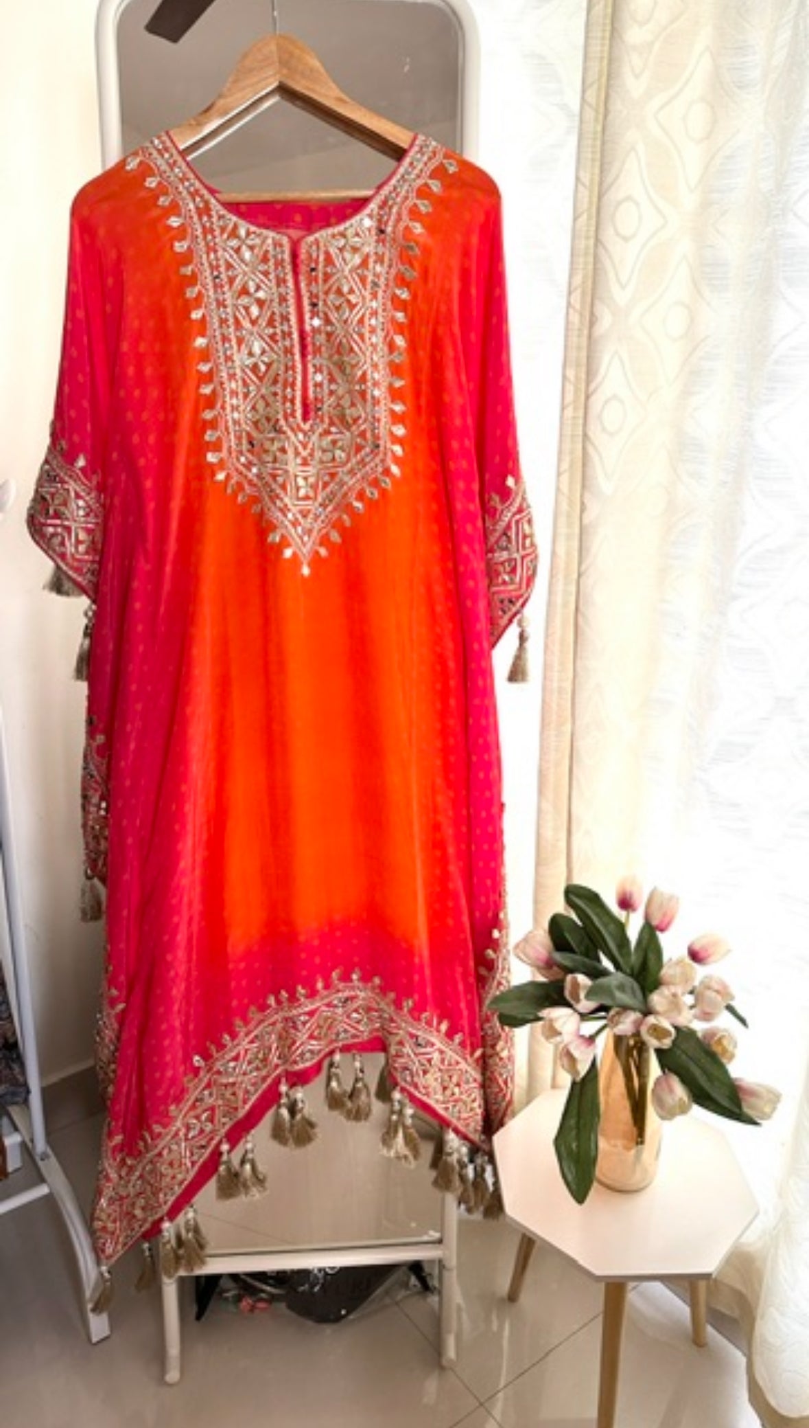 Orange And Red Trending Ombre Heavy Gota Patti And Mirror Work Pure Crepe Kaftan Set