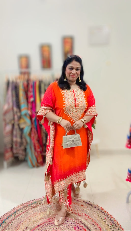 Orange And Red Trending Ombre Heavy Gota Patti And Mirror Work Pure Crepe Kaftan Set