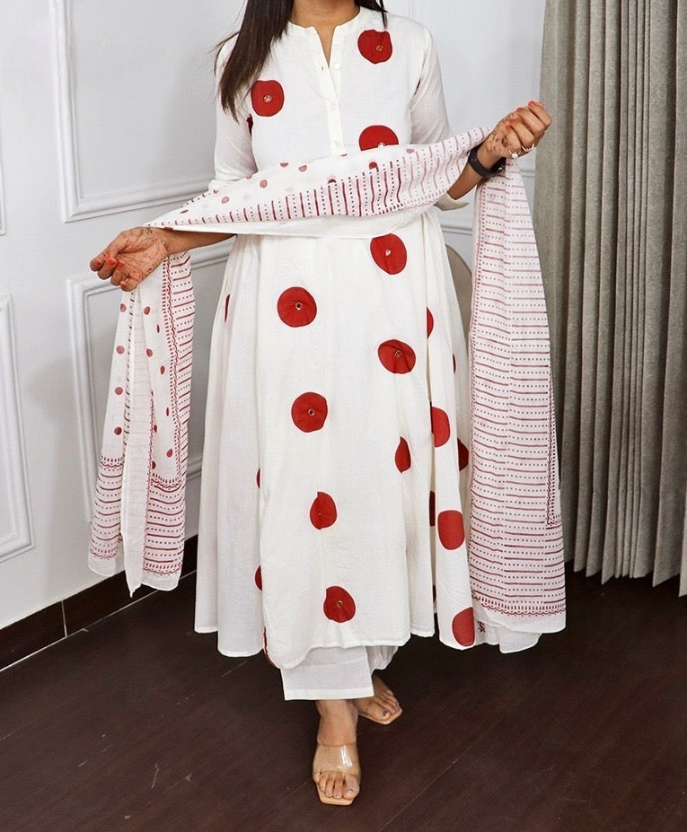 Pure Soft Mul Cotton Polka Dot A-Line Kurta And Pant Set