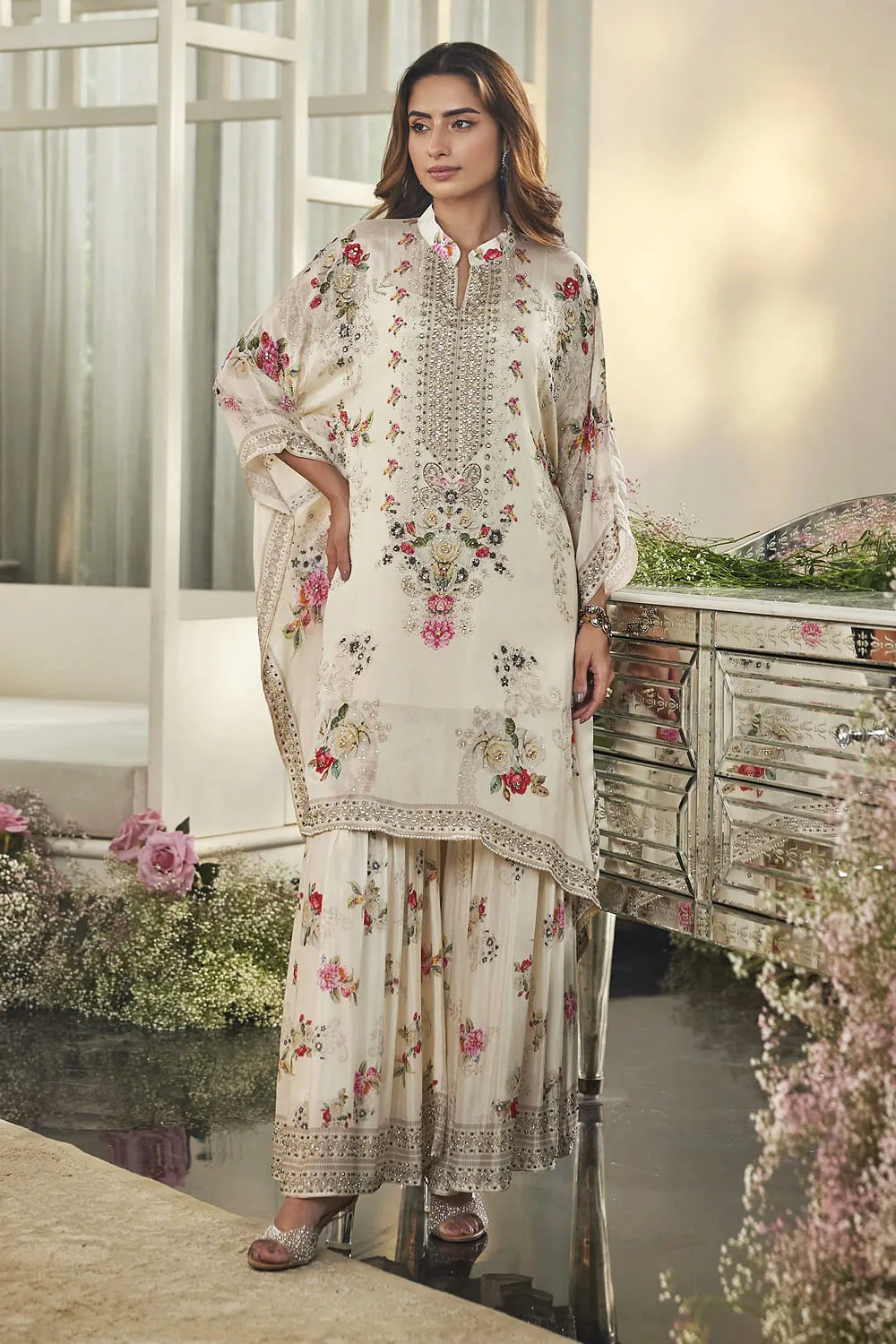 Partywear Designer Kaftan With Sharara in Chinon Silk