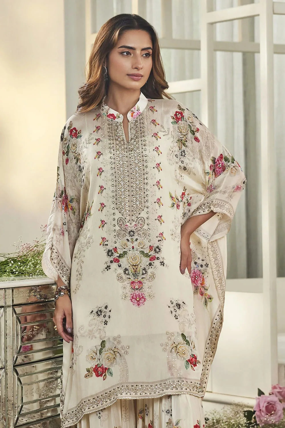 Partywear Designer Kaftan With Sharara in Chinon Silk