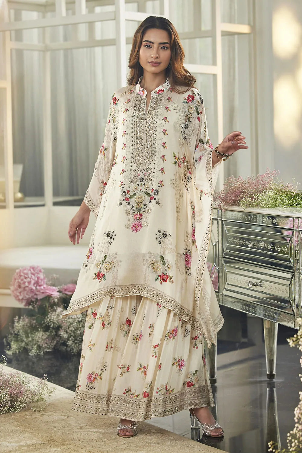 Partywear Designer Kaftan With Sharara in Chinon Silk