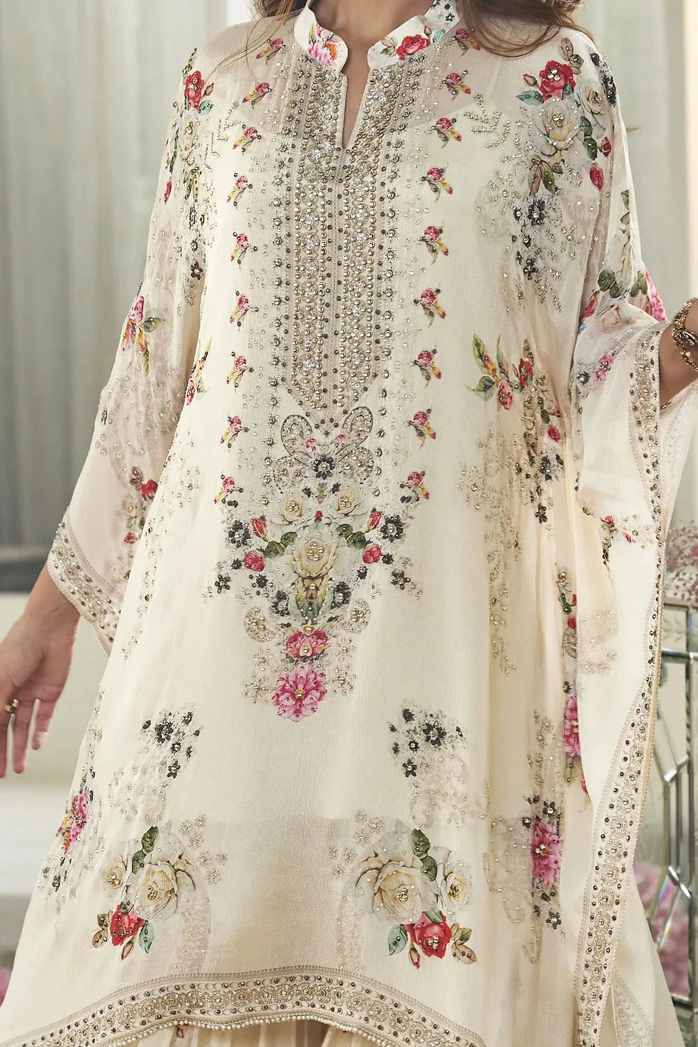 Partywear Designer Kaftan With Sharara in Chinon Silk