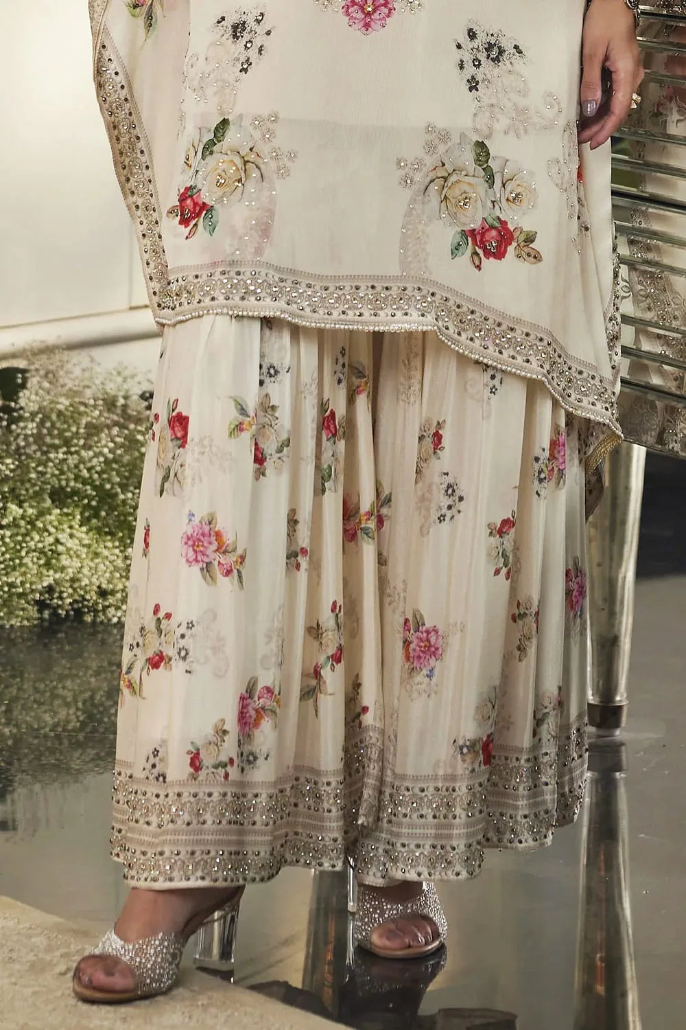 Partywear Designer Kaftan With Sharara in Chinon Silk