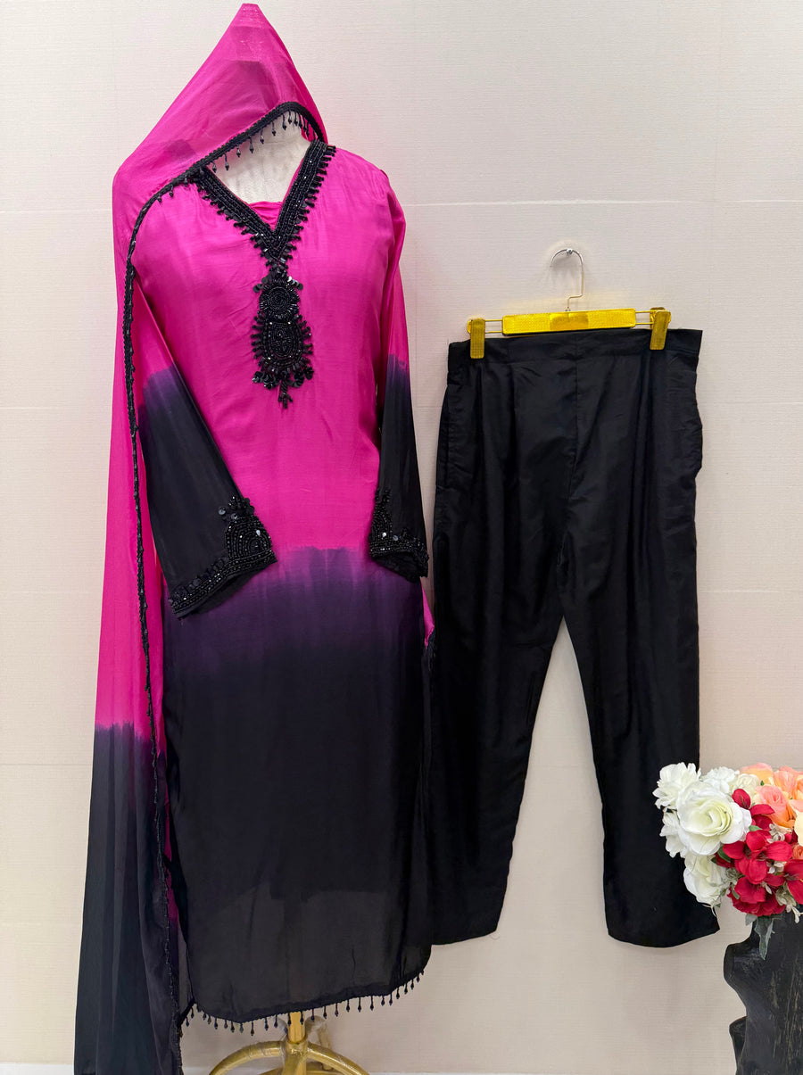 Designer Partywear Dual Tone Pakistani Suit with Pearl Lace & Handwork