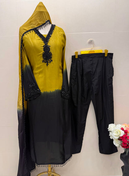 Designer Partywear Dual Tone Pakistani Suit with Pearl Lace & Handwork