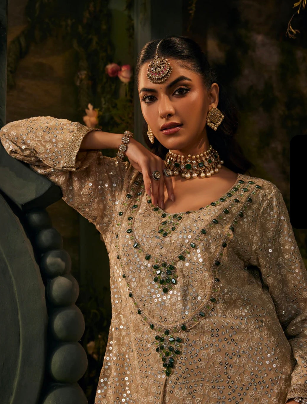 Designer Partywear Champagne Embellished Pakistani Suit Set/Long Kaftan l