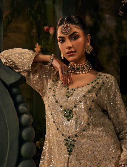 Designer Partywear Champagne Embellished Pakistani Suit Set/Long Kaftan l
