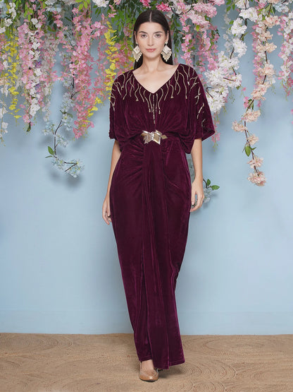 Partywear Wine Designer Hand Embellished Velvet Gown with Belt