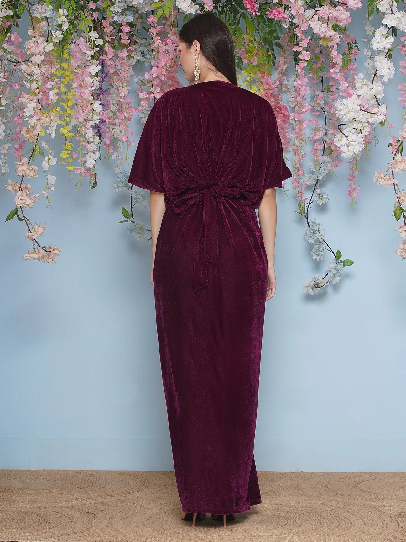 Partywear Wine Designer Hand Embellished Velvet Gown with Belt