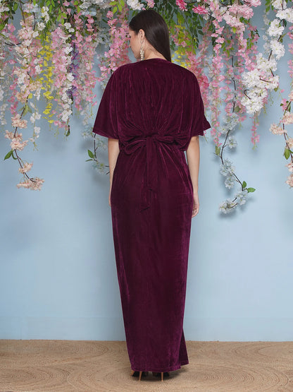 Partywear Wine Designer Hand Embellished Velvet Gown with Belt