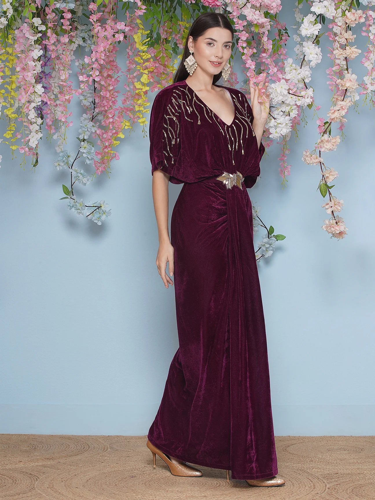 Partywear Wine Designer Hand Embellished Velvet Gown with Belt