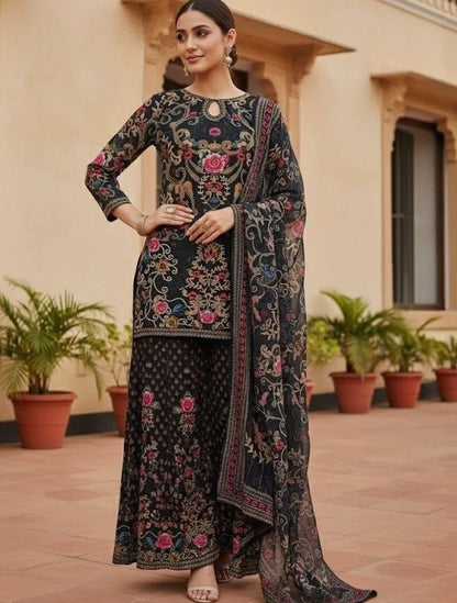 Partywear Designer Midnight Black Printed Crepe Silk Sharara Set