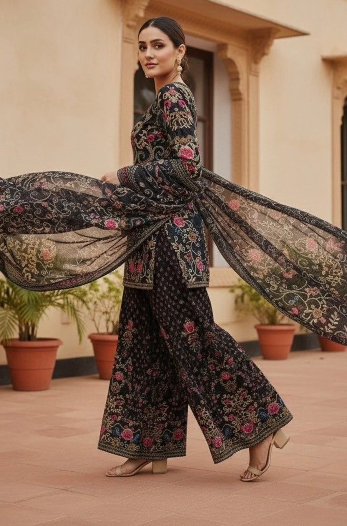 Partywear Designer Midnight Black Printed Crepe Silk Sharara Set