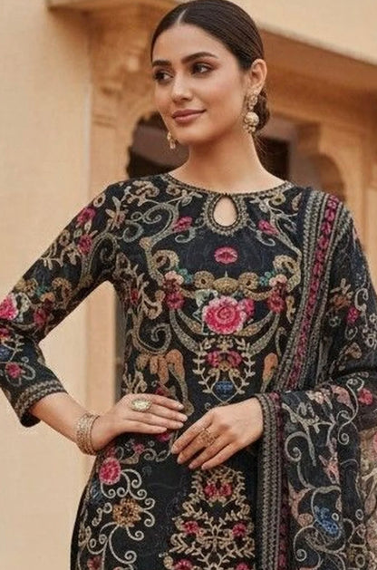 Partywear Designer Midnight Black Printed Crepe Silk Sharara Set