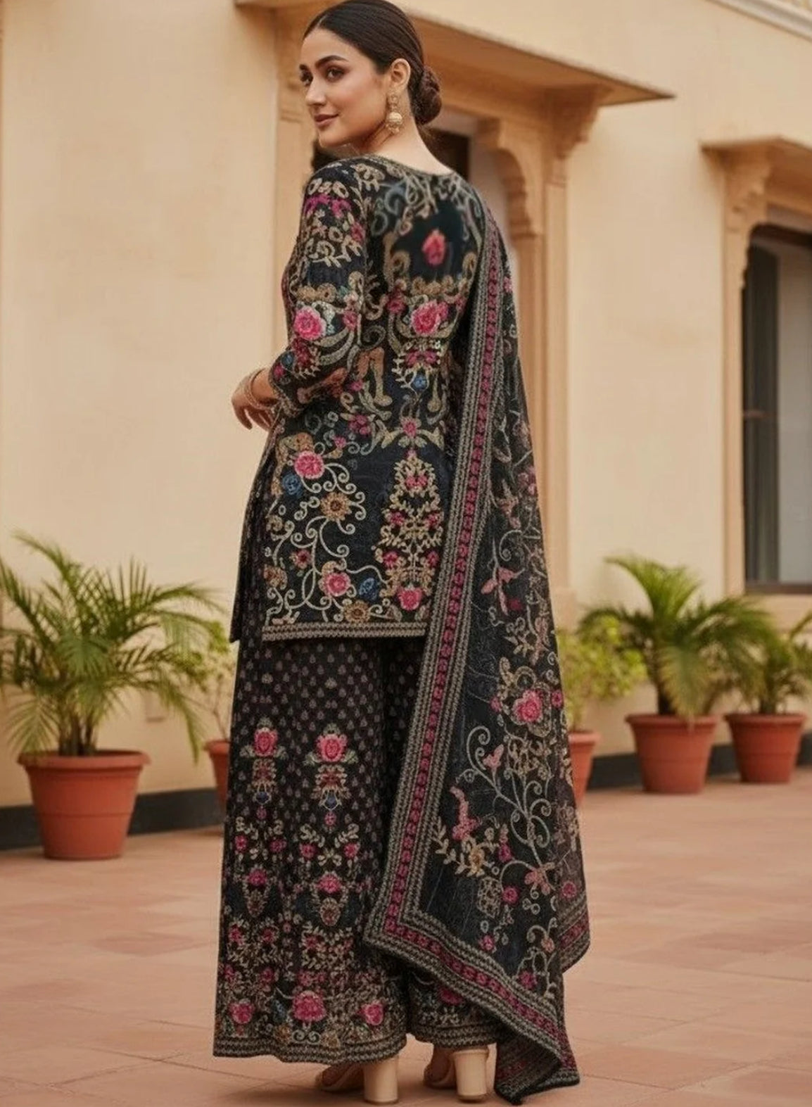 Partywear Designer Midnight Black Printed Crepe Silk Sharara Set