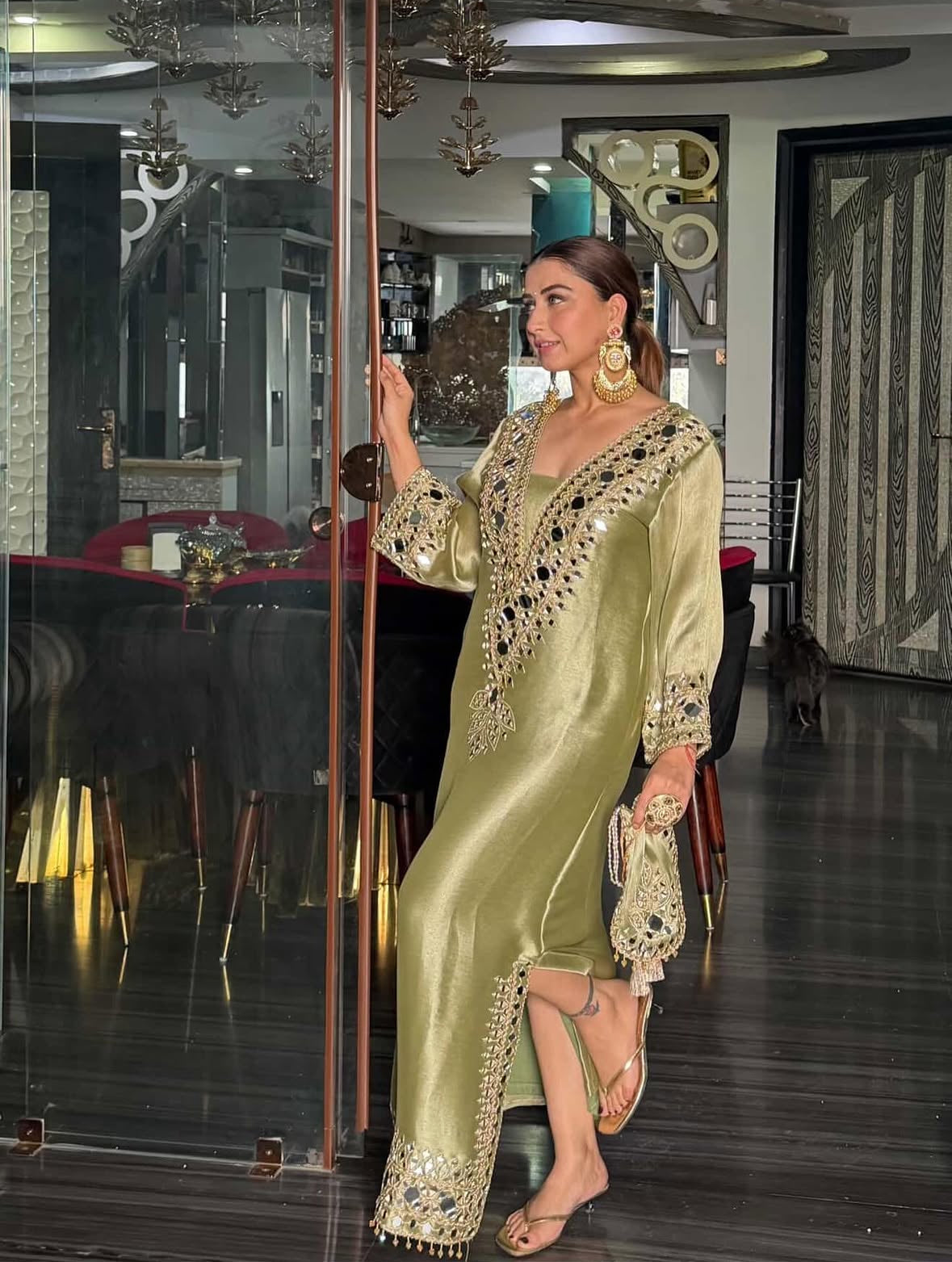 Designer Partywear Pakistani Jalabiya Kaftan Long Dress With Pant and Mirror Work Dupatta