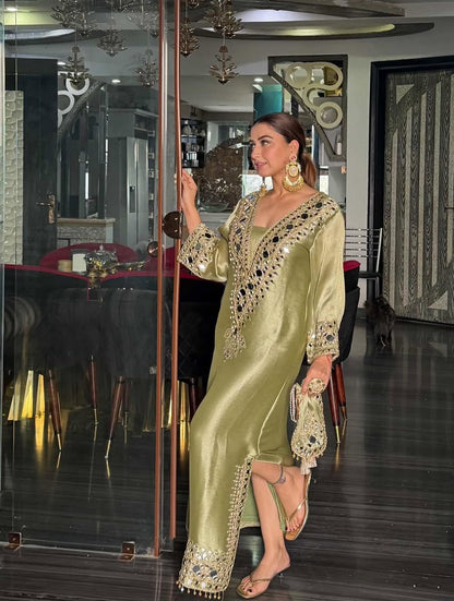 Designer Partywear Pakistani Jalabiya Kaftan Long Dress With Pant and Mirror Work Dupatta