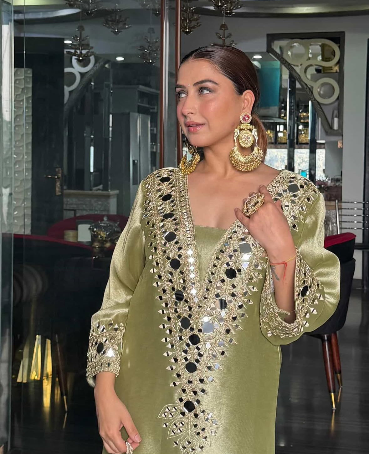 Designer Partywear Pakistani Jalabiya Kaftan Long Dress With Pant and Mirror Work Dupatta