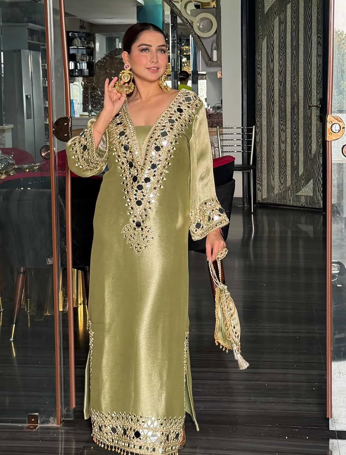 Designer Partywear Pakistani Jalabiya Kaftan Long Dress With Pant and Mirror Work Dupatta