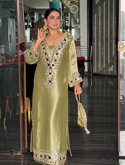 Designer Partywear Pakistani Jalabiya Kaftan Long Dress With Pant and Mirror Work Dupatta