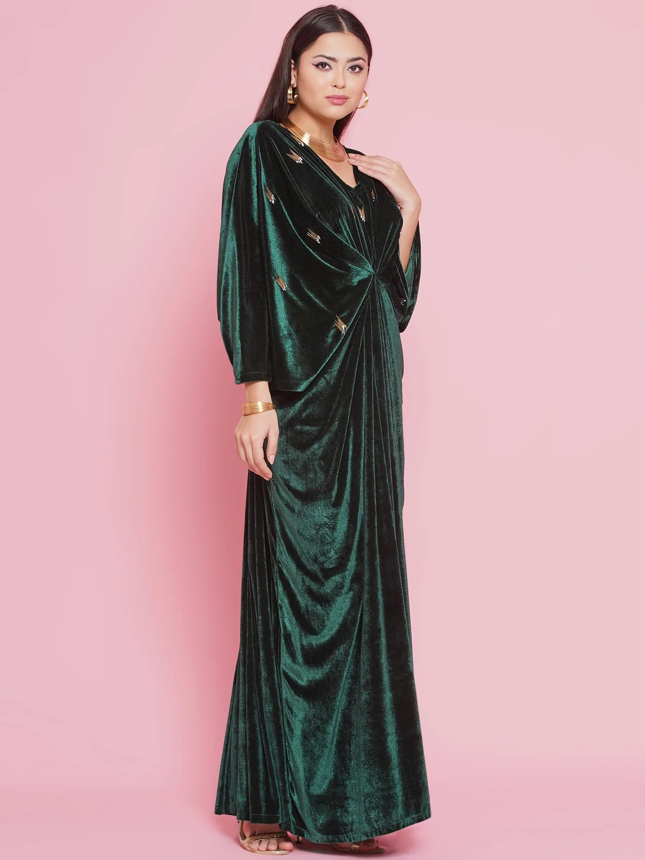 Partywear Designer Green Hand Work Embellished Velvet Gown