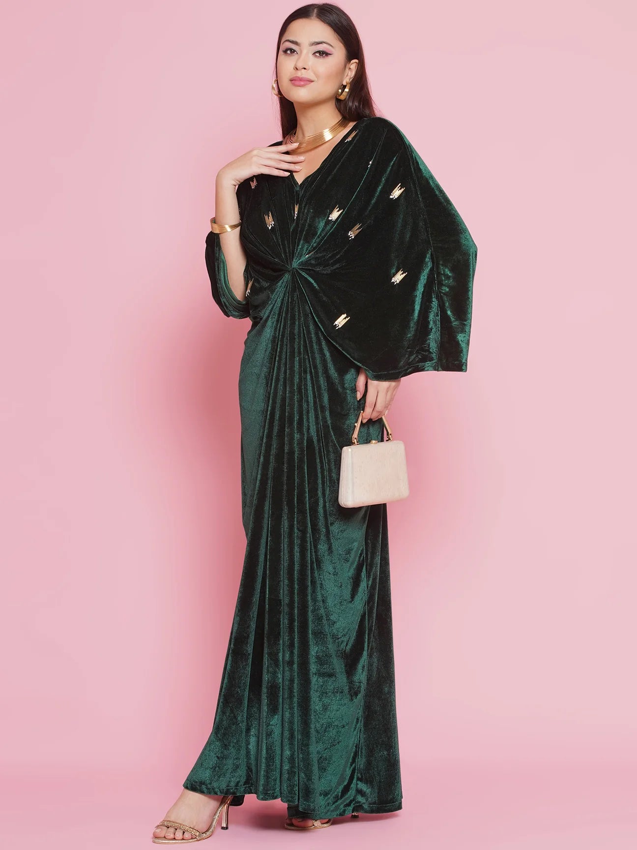 Partywear Designer Green Hand Work Embellished Velvet Gown