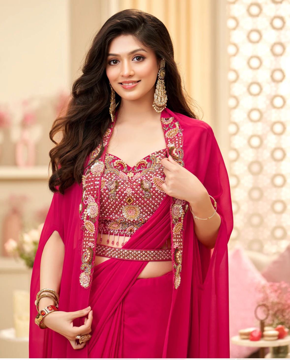 Partywear Bright Fuchsia Pink Ready To Wear Georgette Saree With Embellished Blouse And Cape