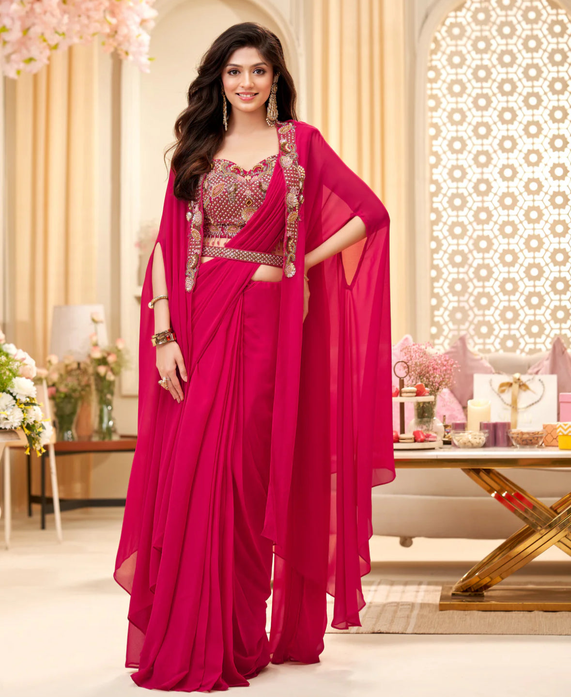 Partywear Bright Fuchsia Pink Ready To Wear Georgette Saree With Embellished Blouse And Cape